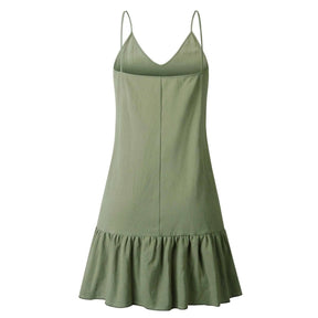 Vestido Curto em Linho com Alças Finas e Decote V